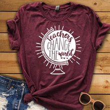Load image into Gallery viewer, Teachers Change The World Print Women T shirt Globe Graphic Tees Funny Short Sleeve Casual Summer O-Neck Tops Female T-shirts
