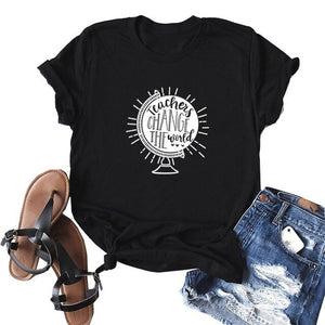Teachers Change The World Print Women T shirt Globe Graphic Tees Funny Short Sleeve Casual Summer O-Neck Tops Female T-shirts
