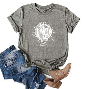 Teachers Change The World Print Women T shirt Globe Graphic Tees Funny Short Sleeve Casual Summer O-Neck Tops Female T-shirts