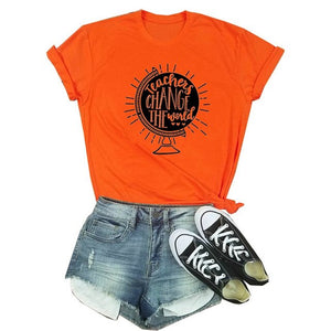 Teachers Change The World Print Women T shirt Globe Graphic Tees Funny Short Sleeve Casual Summer O-Neck Tops Female T-shirts