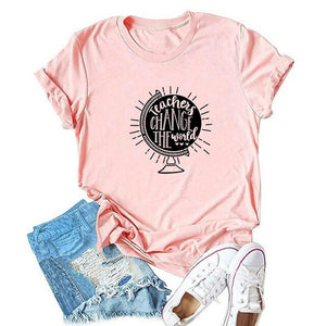Teachers Change The World Print Women T shirt Globe Graphic Tees Funny Short Sleeve Casual Summer O-Neck Tops Female T-shirts