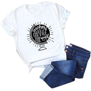 Teachers Change The World Print Women T shirt Globe Graphic Tees Funny Short Sleeve Casual Summer O-Neck Tops Female T-shirts
