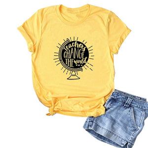 Teachers Change The World Print Women T shirt Globe Graphic Tees Funny Short Sleeve Casual Summer O-Neck Tops Female T-shirts