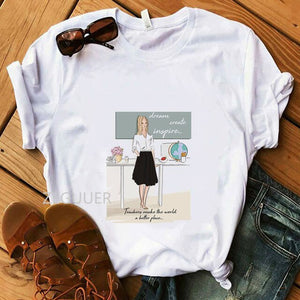 Teacher Day Gift T-Shirt Lady 100% Cotton Super Soft O-Neck White Summer Tees Teacher Drawing Student Tops Women Casual T-Shirt