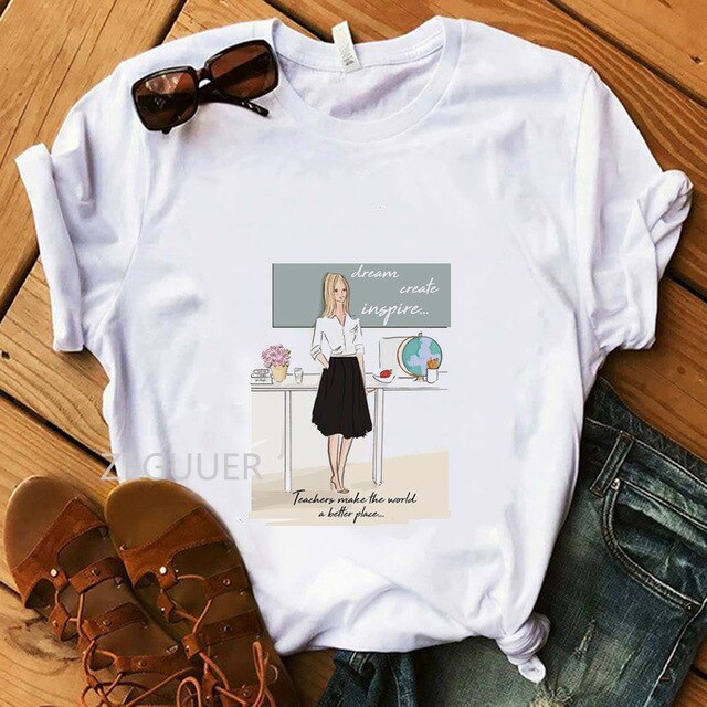 Teacher Day Gift T-Shirt Lady 100% Cotton Super Soft O-Neck White Summer Tees Teacher Drawing Student Tops Women Casual T-Shirt