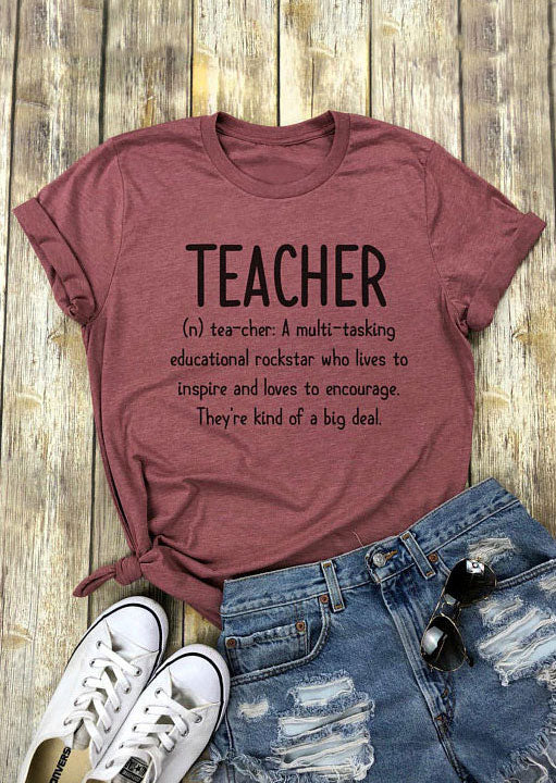 Women T-Shirt Teacher Letter Print t shirt O-Neck Short Sleeve T-Shirt 2018 Female Casual Cameo Red Tops Tee Ladies t shirt